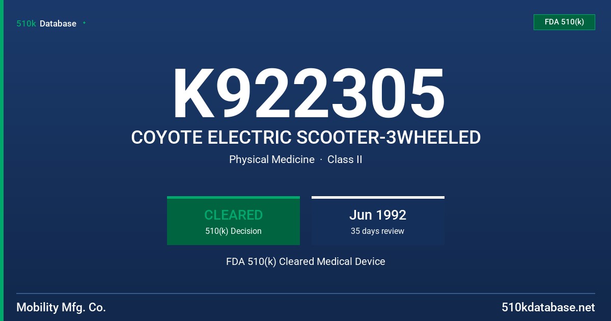 K922305 COYOTE ELECTRIC SCOOTER-3WHEELED FDA 510(k) Cleared Medical Device