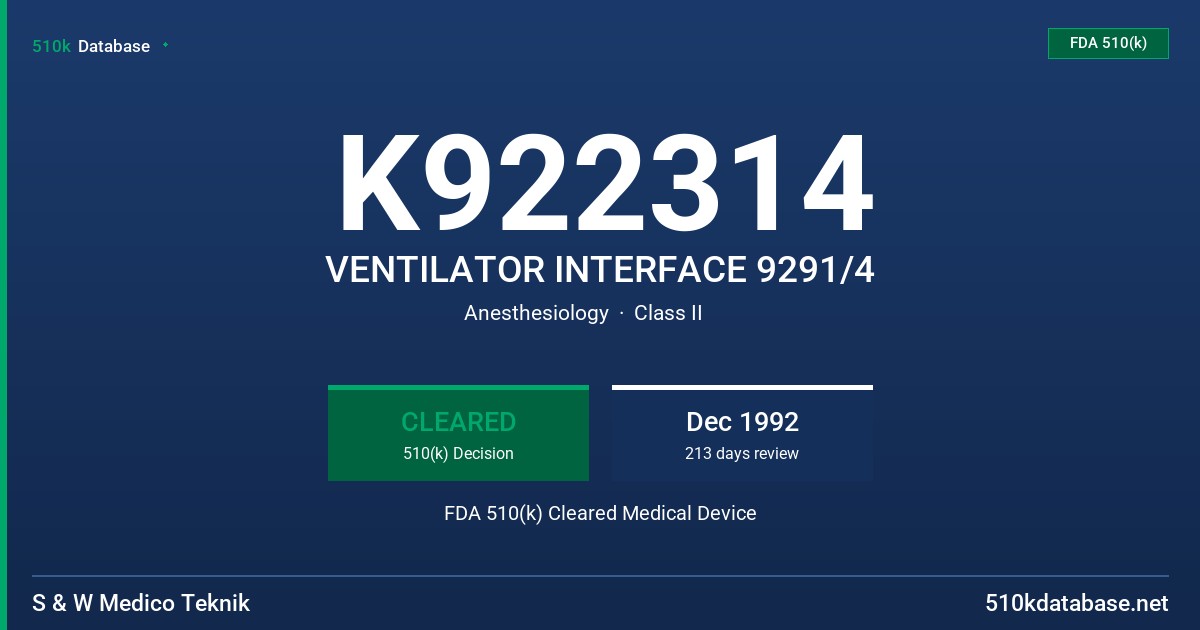 K922314 VENTILATOR INTERFACE 9291/4 FDA 510(k) Cleared Medical Device