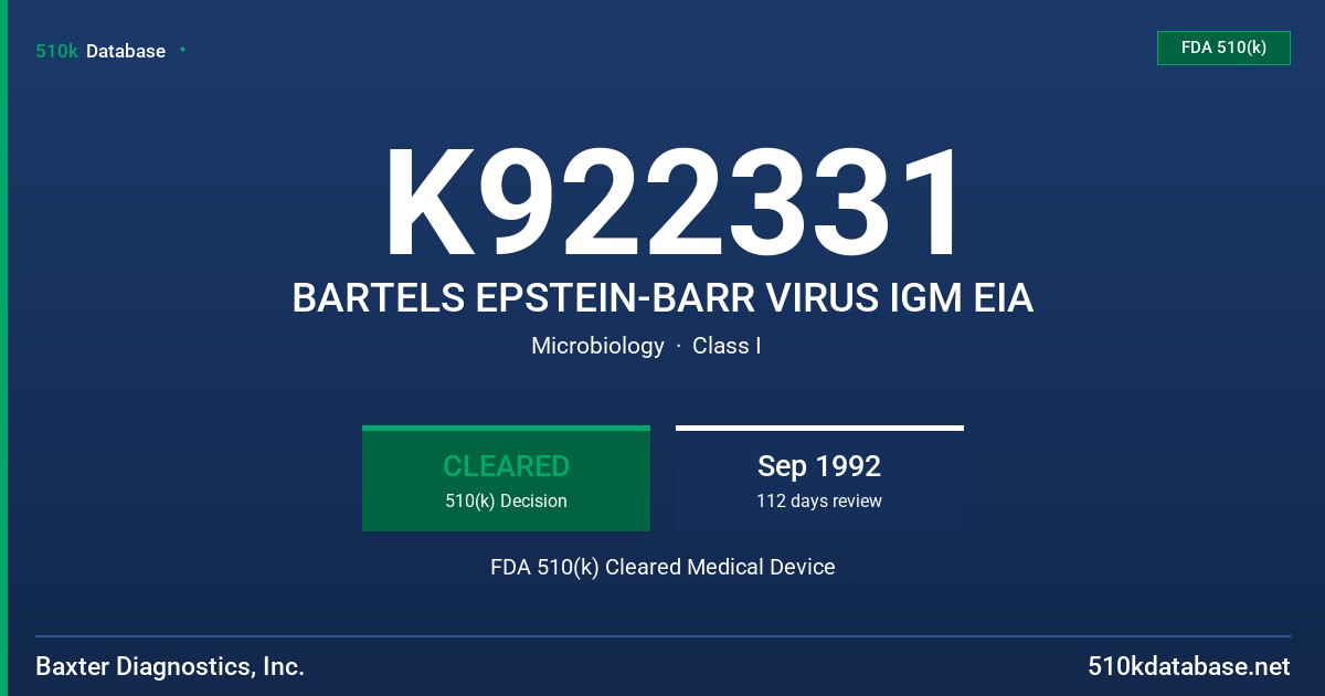 K922331 BARTELS EPSTEIN-BARR VIRUS IGM EIA FDA 510(k) Cleared Medical Device