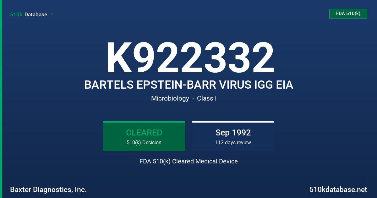 K922332 BARTELS EPSTEIN-BARR VIRUS IGG EIA FDA 510(k) Cleared Medical Device