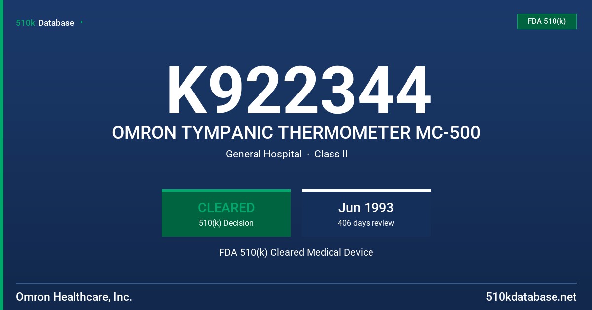K922344 OMRON TYMPANIC THERMOMETER MC-500 FDA 510(k) Cleared Medical Device