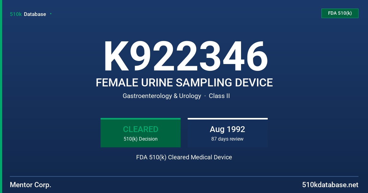 K922346 FEMALE URINE SAMPLING DEVICE FDA 510(k) Cleared Medical Device