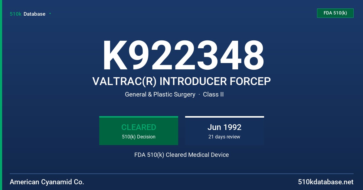K922348 VALTRAC(R) INTRODUCER FORCEP FDA 510(k) Cleared Medical Device