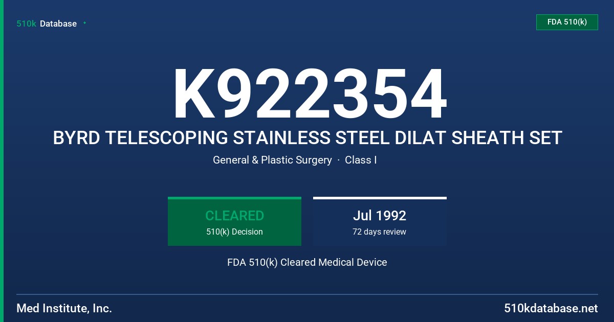 K922354 BYRD TELESCOPING STAINLESS STEEL DILAT SHEATH SET FDA 510(k) Cleared Medical Device