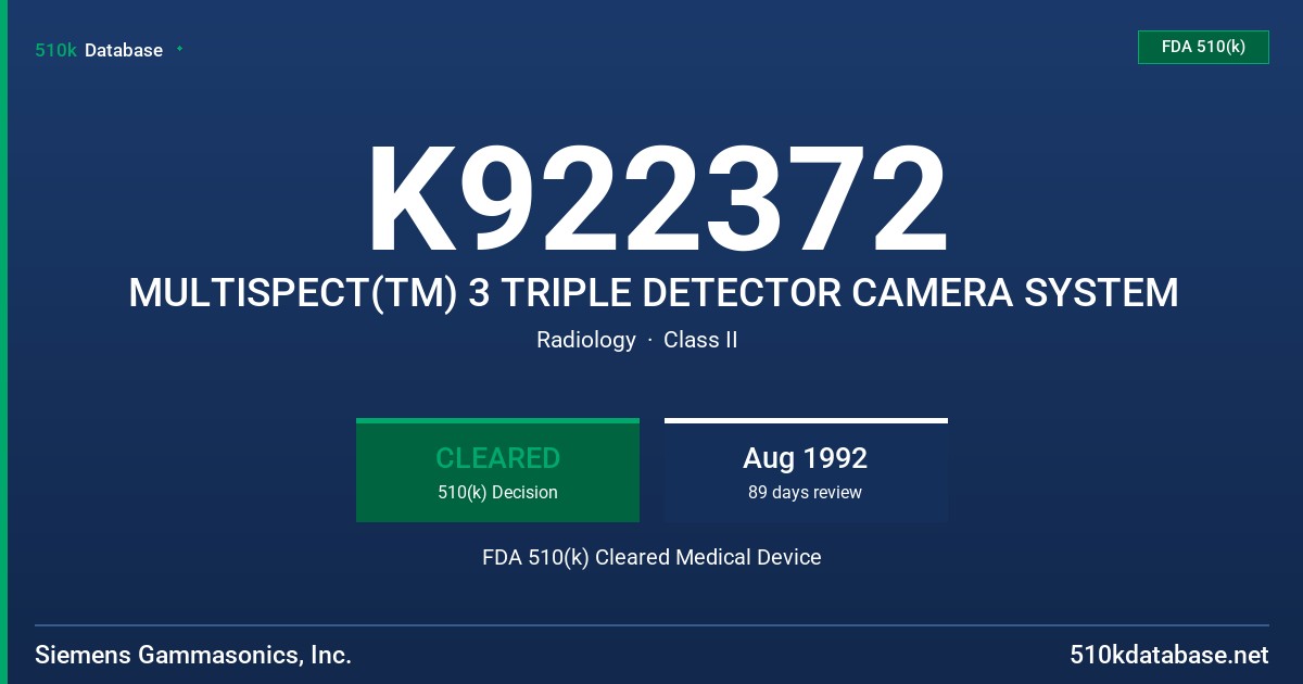 K922372 MULTISPECT(TM) 3 TRIPLE DETECTOR CAMERA SYSTEM FDA 510(k) Cleared Medical Device