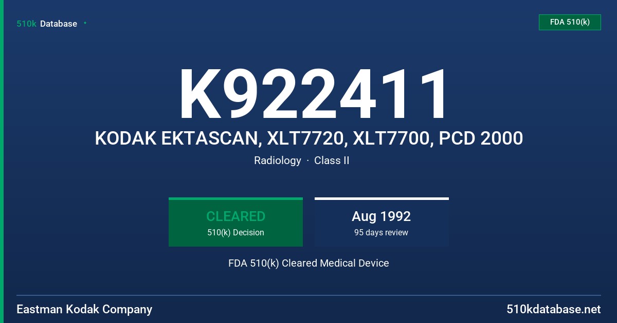 K922411 KODAK EKTASCAN, XLT7720, XLT7700, PCD 2000 FDA 510(k) Cleared Medical Device