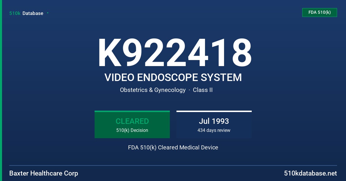 K922418 VIDEO ENDOSCOPE SYSTEM FDA 510(k) Cleared Medical Device