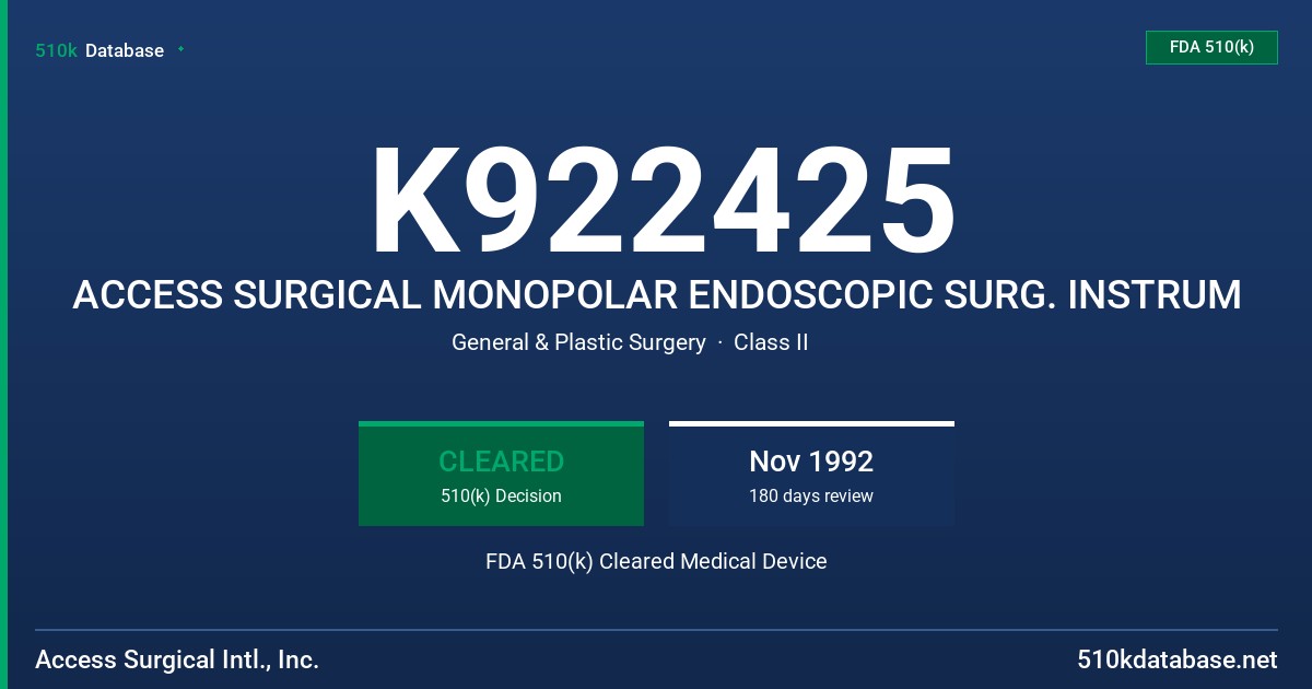 K922425 ACCESS SURGICAL MONOPOLAR ENDOSCOPIC SURG. INSTRUM FDA 510(k) Cleared Medical Device