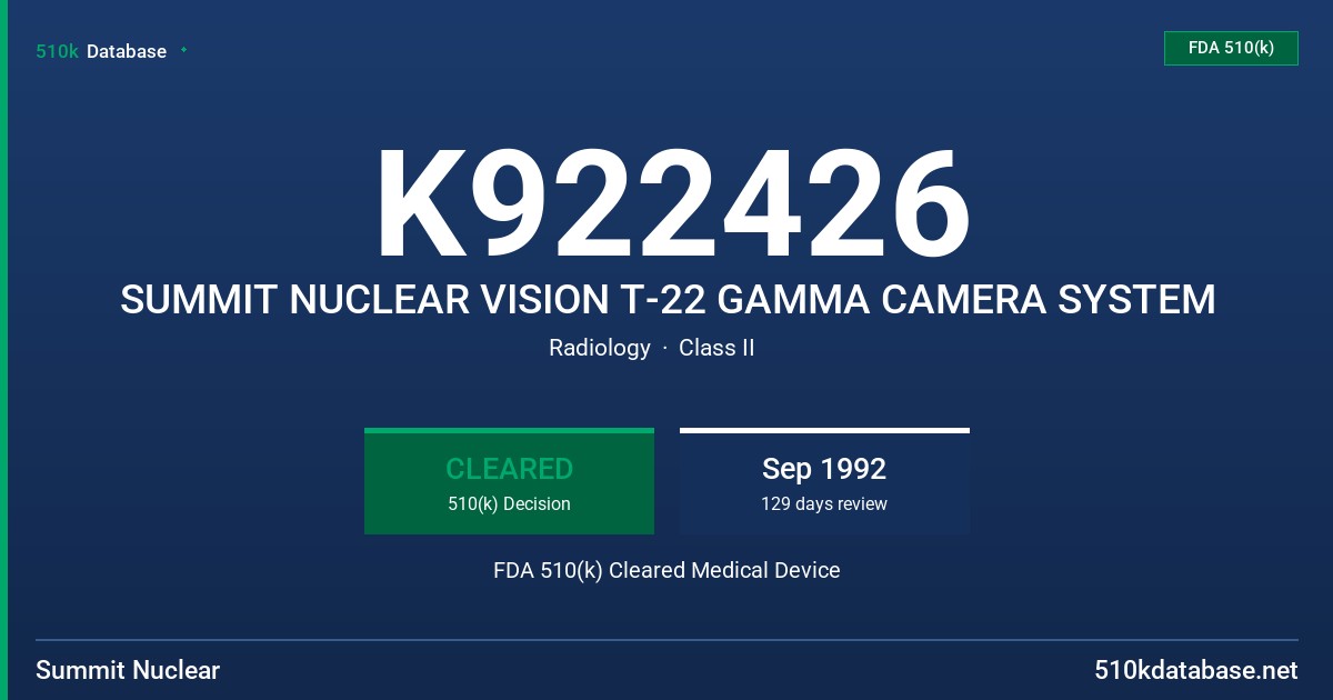 K922426 SUMMIT NUCLEAR VISION T-22 GAMMA CAMERA SYSTEM FDA 510(k) Cleared Medical Device