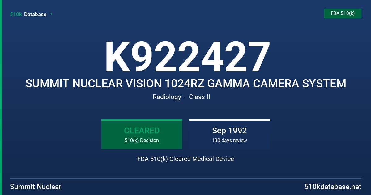 K922427 SUMMIT NUCLEAR VISION 1024RZ GAMMA CAMERA SYSTEM FDA 510(k) Cleared Medical Device