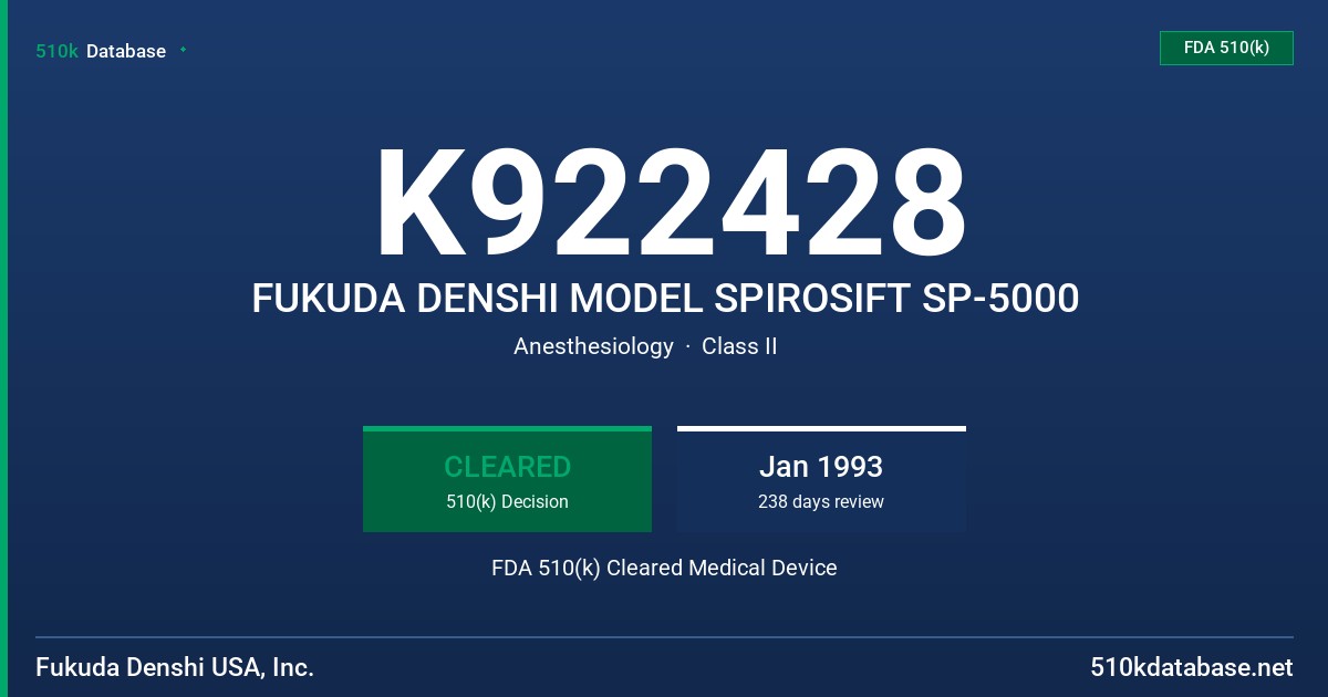 K922428 FUKUDA DENSHI MODEL SPIROSIFT SP-5000 FDA 510(k) Cleared Medical Device