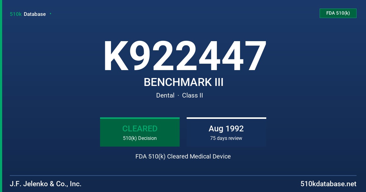 K922447 BENCHMARK III FDA 510(k) Cleared Medical Device