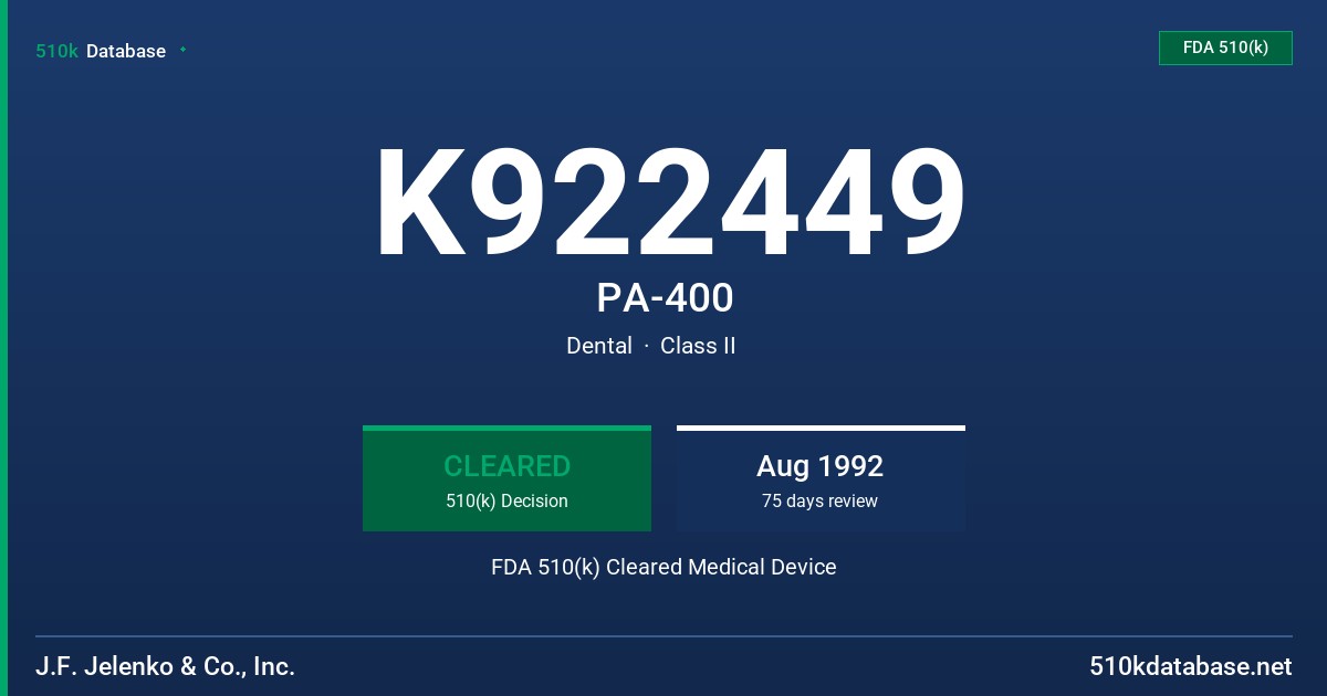 K922449 PA-400 FDA 510(k) Cleared Medical Device