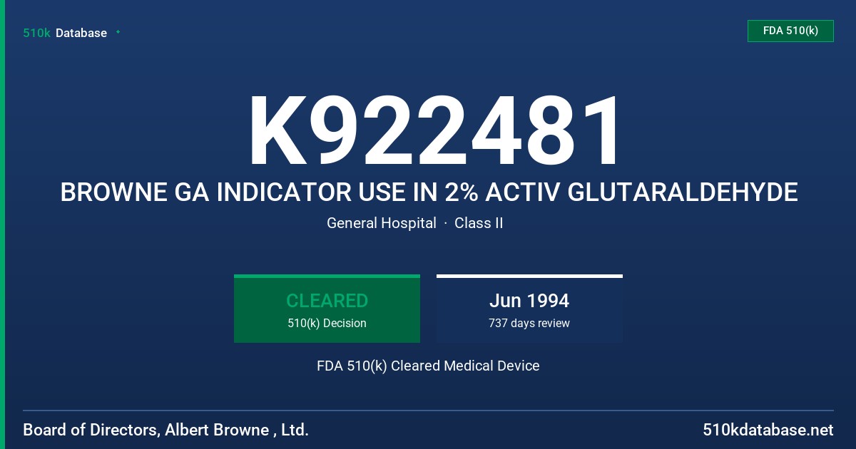 K922481 BROWNE GA INDICATOR USE IN 2% ACTIV GLUTARALDEHYDE FDA 510(k) Cleared Medical Device