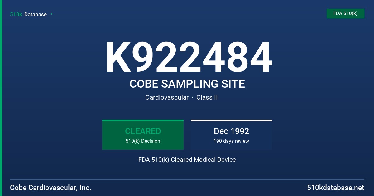 K922484 COBE SAMPLING SITE FDA 510(k) Cleared Medical Device