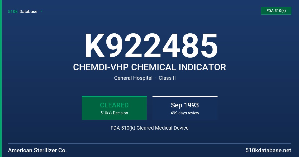 K922485 CHEMDI-VHP CHEMICAL INDICATOR FDA 510(k) Cleared Medical Device