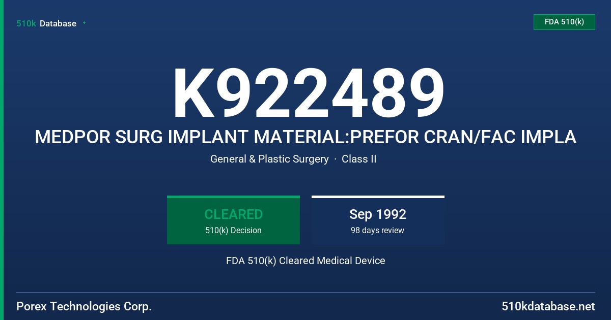 K922489 MEDPOR SURG IMPLANT MATERIAL:PREFOR CRAN/FAC IMPLA FDA 510(k) Cleared Medical Device
