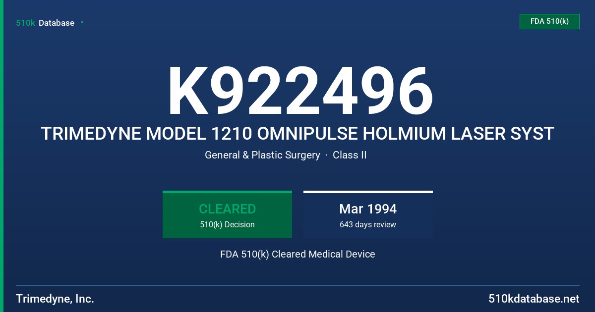 K922496 TRIMEDYNE MODEL 1210 OMNIPULSE HOLMIUM LASER SYST FDA 510(k) Cleared Medical Device