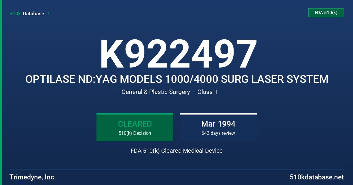 K922497 OPTILASE ND:YAG MODELS 1000/4000 SURG LASER SYSTEM FDA 510(k) Cleared Medical Device