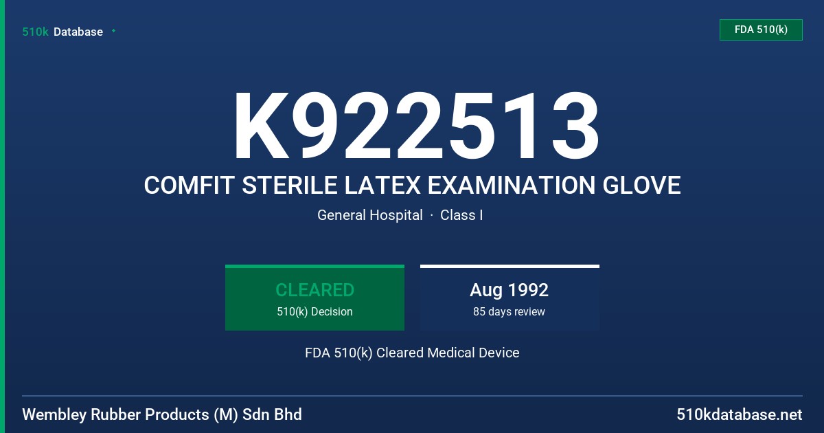 K922513 COMFIT STERILE LATEX EXAMINATION GLOVE FDA 510(k) Cleared Medical Device