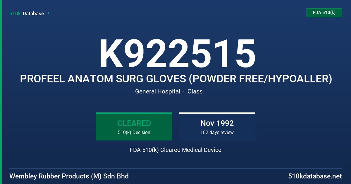 K922515 PROFEEL ANATOM SURG GLOVES (POWDER FREE/HYPOALLER) FDA 510(k) Cleared Medical Device