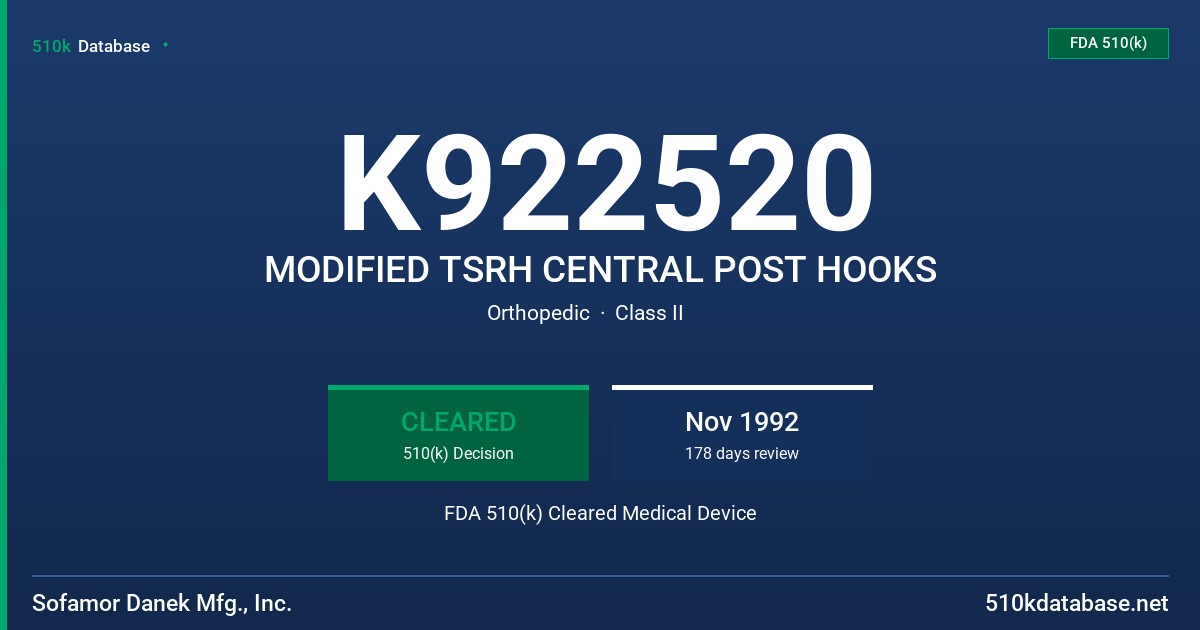 K922520 MODIFIED TSRH CENTRAL POST HOOKS FDA 510(k) Cleared Medical Device