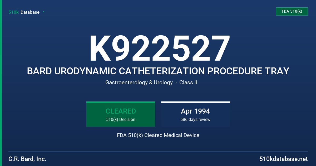 K922527 BARD URODYNAMIC CATHETERIZATION PROCEDURE TRAY FDA 510(k) Cleared Medical Device