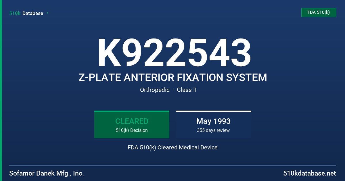 K922543 Z-PLATE ANTERIOR FIXATION SYSTEM FDA 510(k) Cleared Medical Device