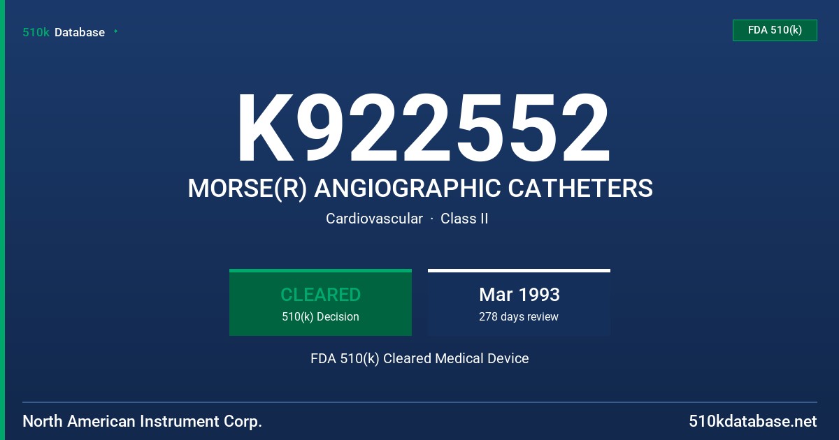 K922552 MORSE(R) ANGIOGRAPHIC CATHETERS FDA 510(k) Cleared Medical Device