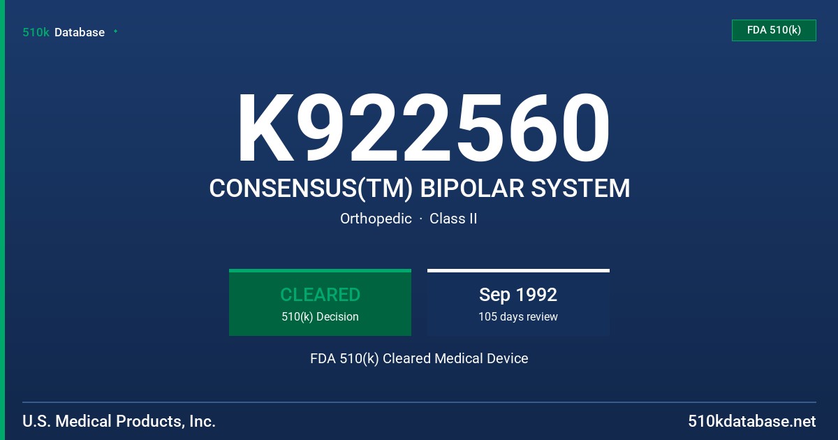 K922560 CONSENSUS(TM) BIPOLAR SYSTEM FDA 510(k) Cleared Medical Device