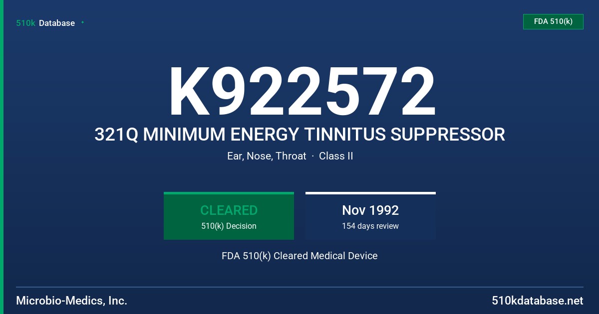 K922572 321Q MINIMUM ENERGY TINNITUS SUPPRESSOR FDA 510(k) Cleared Medical Device