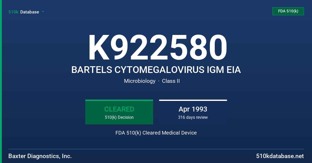 K922580 BARTELS CYTOMEGALOVIRUS IGM EIA FDA 510(k) Cleared Medical Device