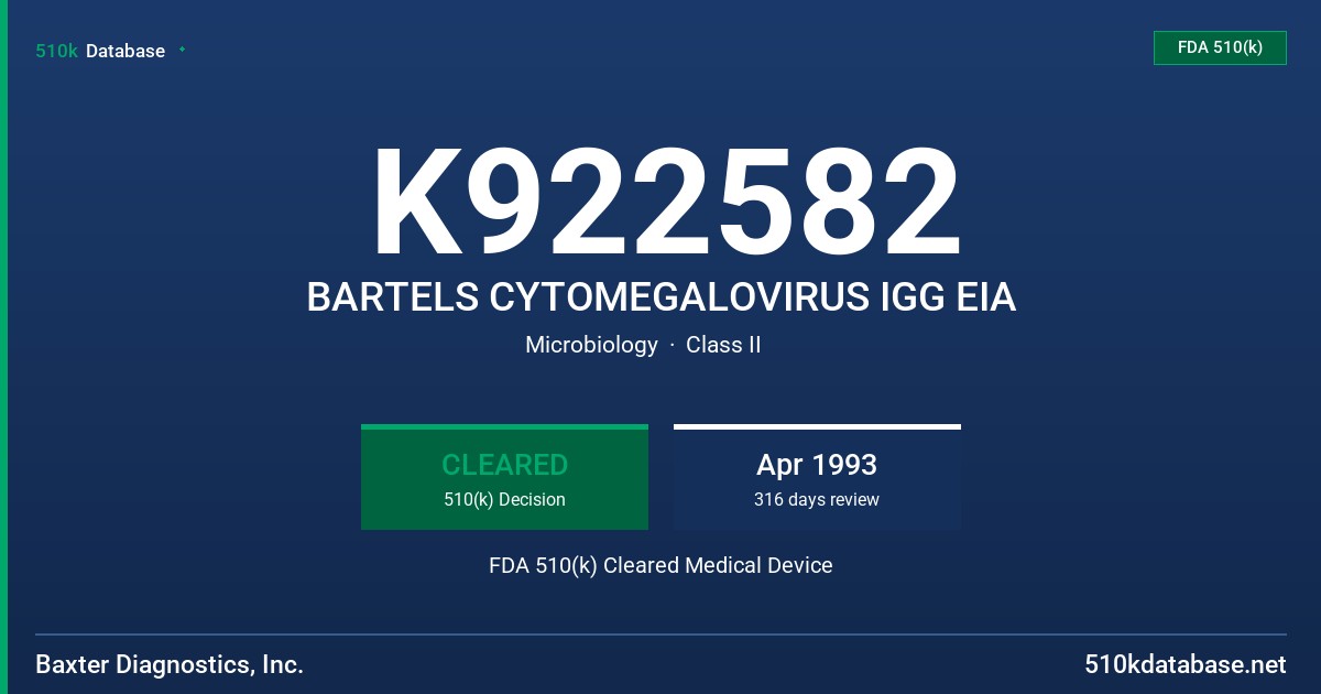 K922582 BARTELS CYTOMEGALOVIRUS IGG EIA FDA 510(k) Cleared Medical Device