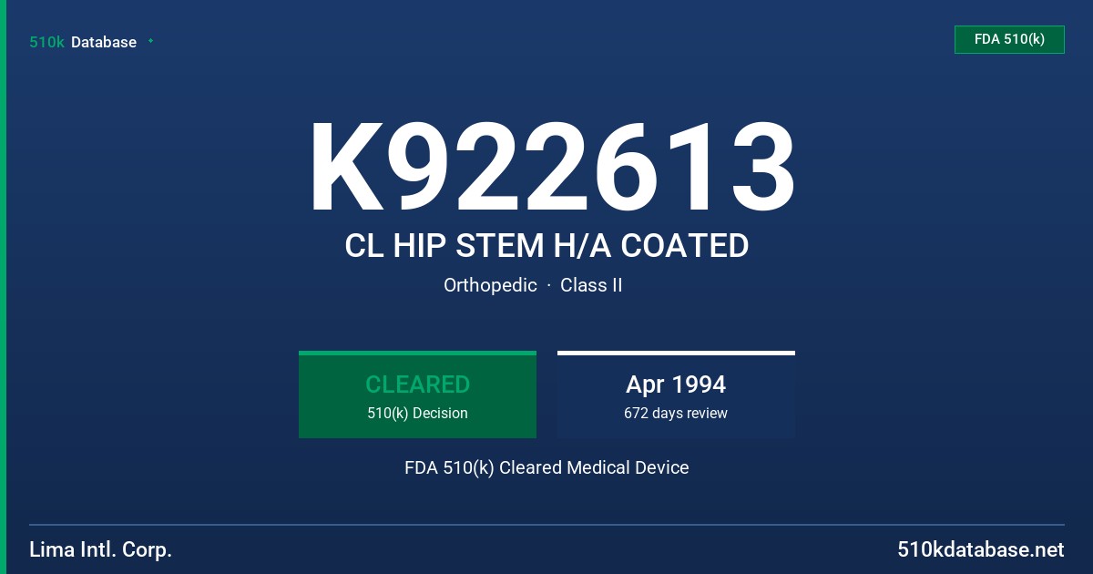 K922613 CL HIP STEM H/A COATED FDA 510(k) Cleared Medical Device