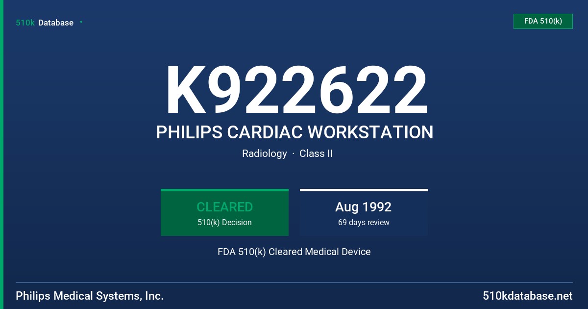 K922622 PHILIPS CARDIAC WORKSTATION FDA 510(k) Cleared Medical Device