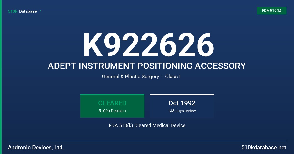 K922626 ADEPT INSTRUMENT POSITIONING ACCESSORY FDA 510(k) Cleared Medical Device
