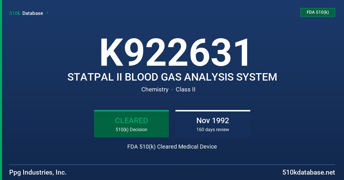 K922631 STATPAL II BLOOD GAS ANALYSIS SYSTEM FDA 510(k) Cleared Medical Device