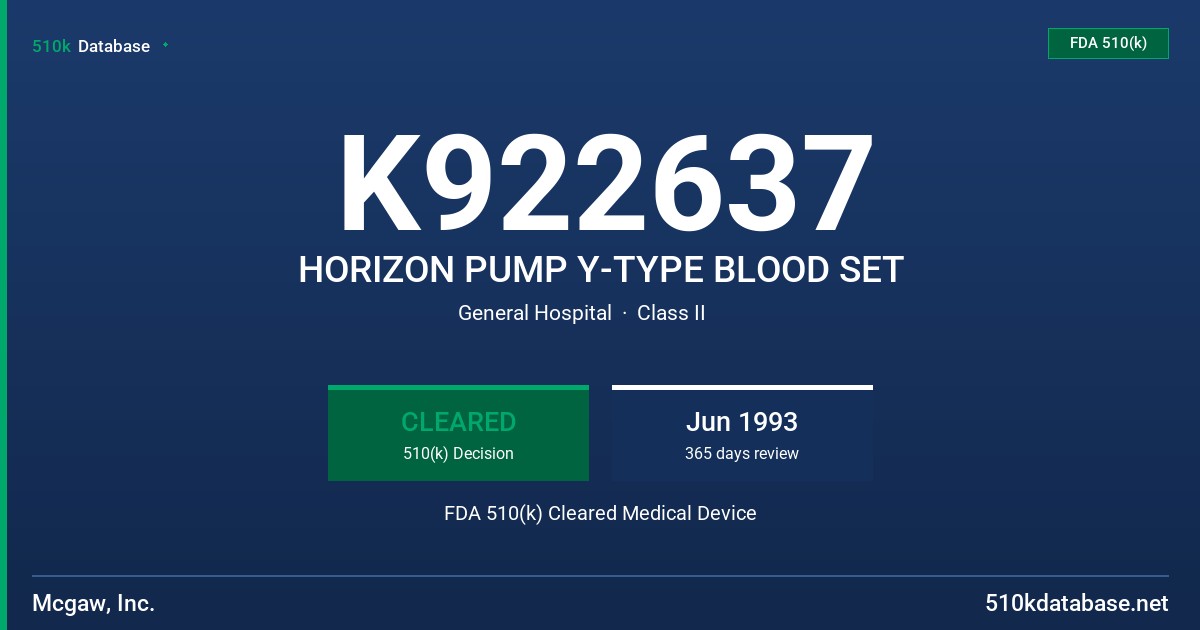 K922637 HORIZON PUMP Y-TYPE BLOOD SET FDA 510(k) Cleared Medical Device