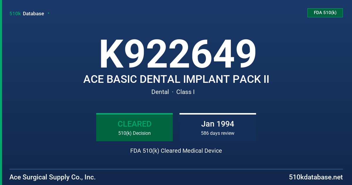K922649 ACE BASIC DENTAL IMPLANT PACK II FDA 510(k) Cleared Medical Device