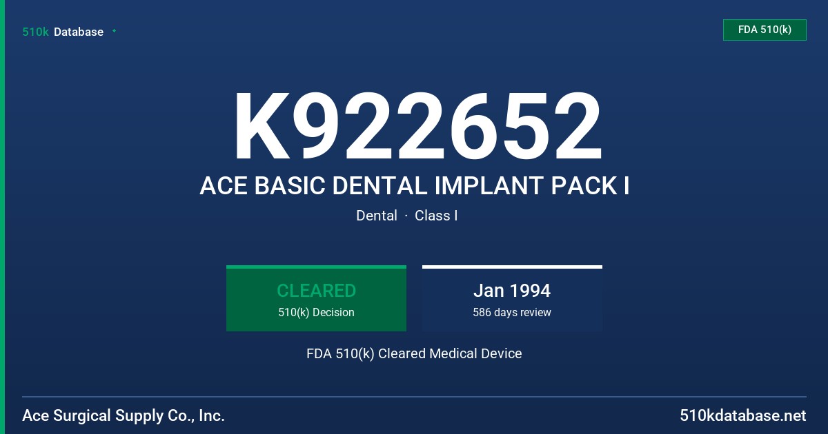 K922652 ACE BASIC DENTAL IMPLANT PACK I FDA 510(k) Cleared Medical Device