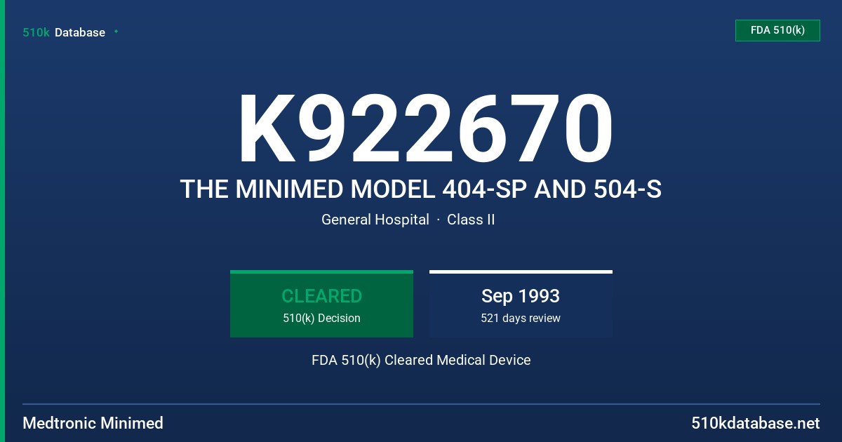 K922670 THE MINIMED MODEL 404-SP AND 504-S FDA 510(k) Cleared Medical Device