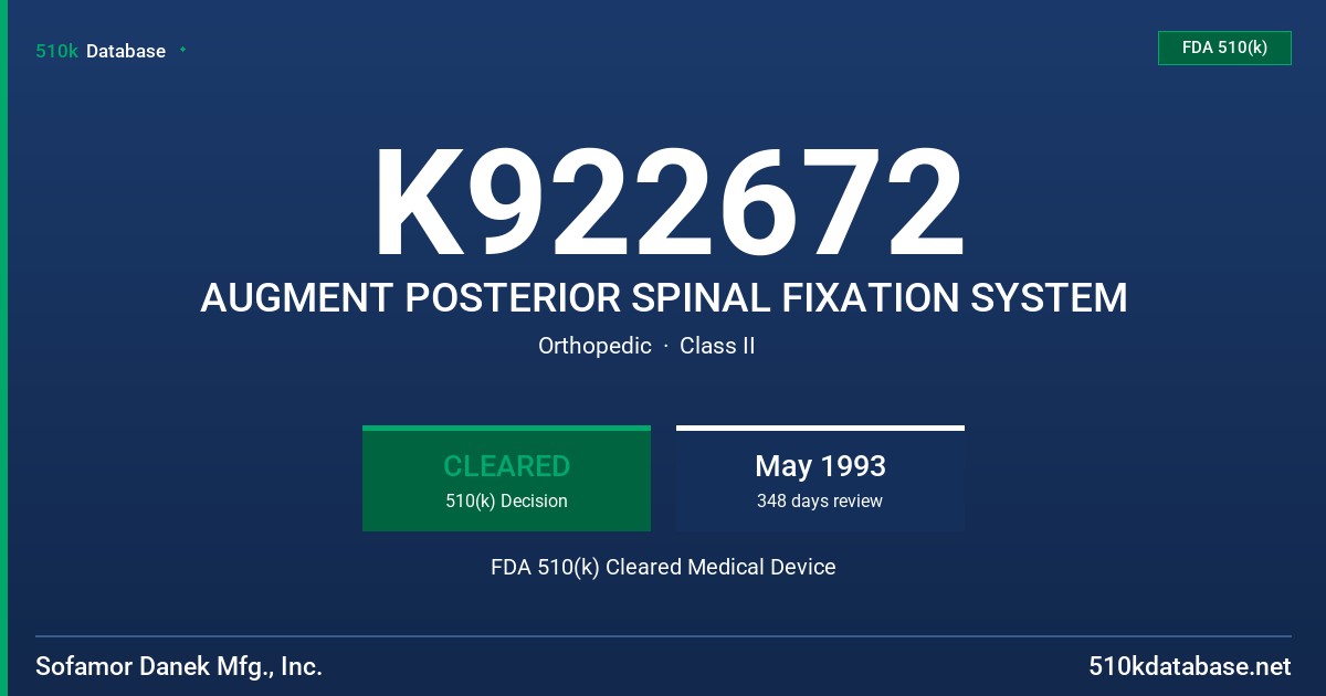 K922672 AUGMENT POSTERIOR SPINAL FIXATION SYSTEM FDA 510(k) Cleared Medical Device