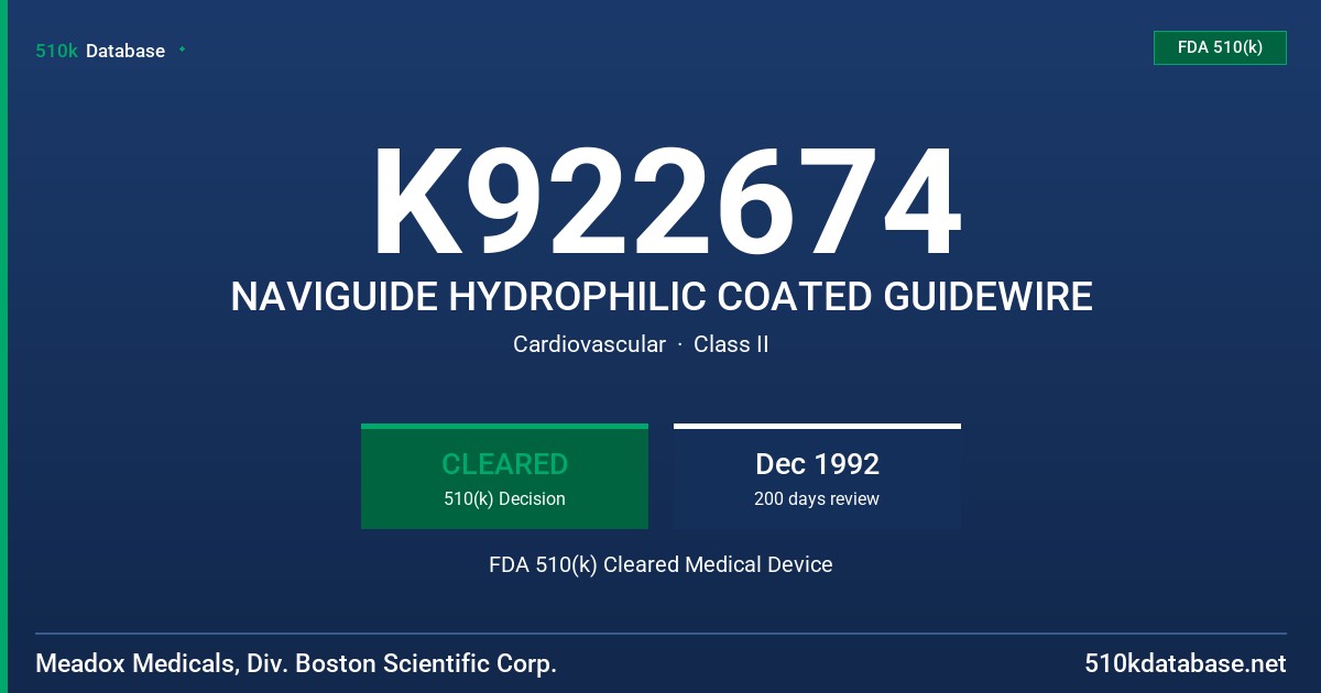 K922674 NAVIGUIDE HYDROPHILIC COATED GUIDEWIRE FDA 510(k) Cleared Medical Device