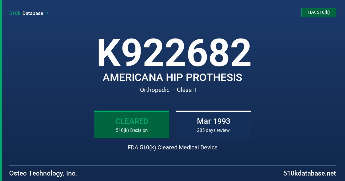 K922682 AMERICANA HIP PROTHESIS FDA 510(k) Cleared Medical Device