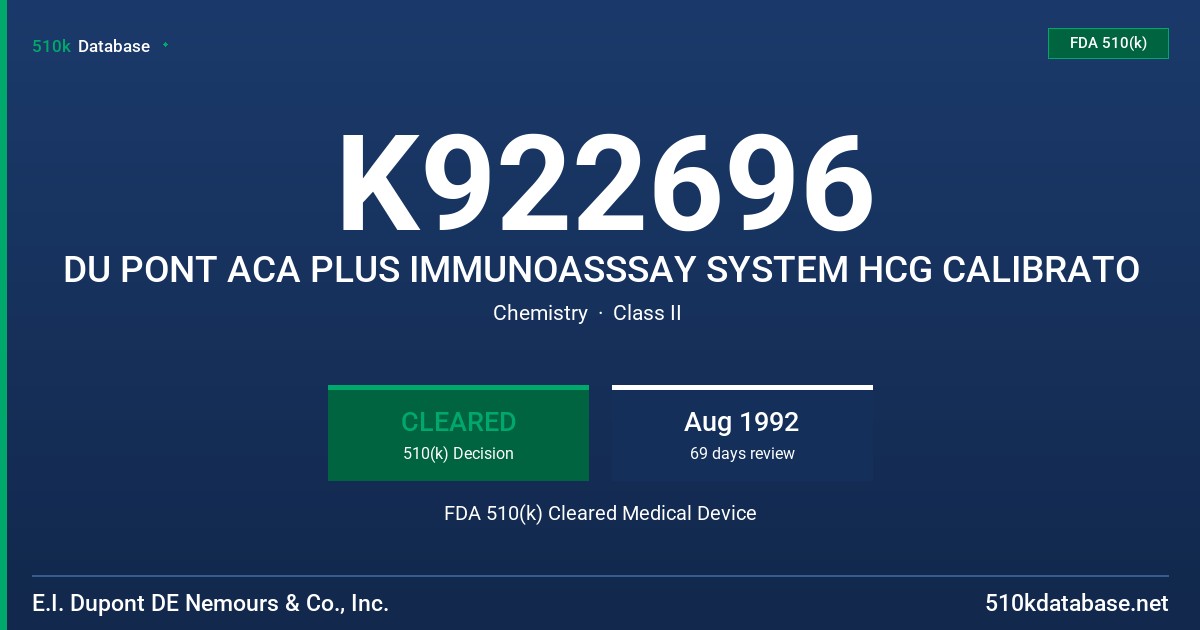 K922696 DU PONT ACA PLUS IMMUNOASSSAY SYSTEM HCG CALIBRATO FDA 510(k) Cleared Medical Device