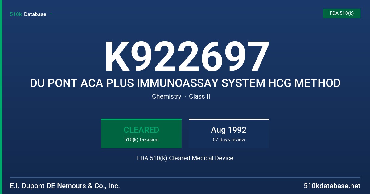 K922697 DU PONT ACA PLUS IMMUNOASSAY SYSTEM HCG METHOD FDA 510(k) Cleared Medical Device