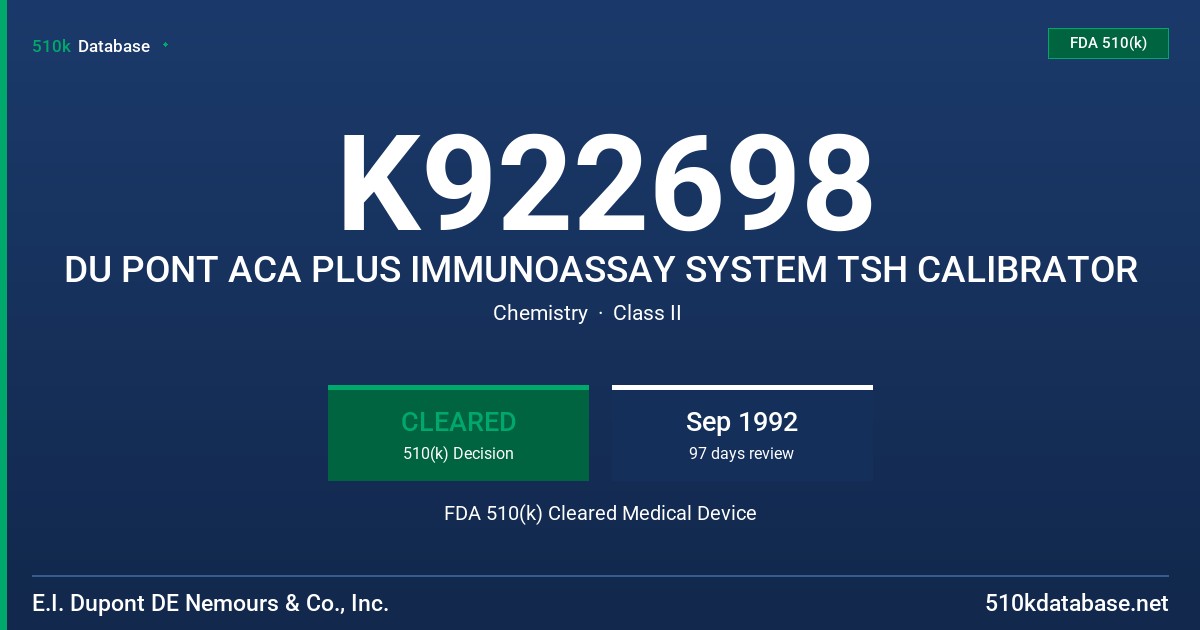 K922698 DU PONT ACA PLUS IMMUNOASSAY SYSTEM TSH CALIBRATOR FDA 510(k) Cleared Medical Device