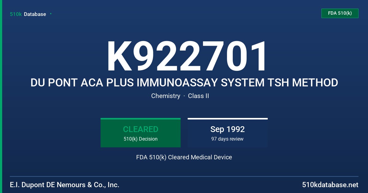 K922701 DU PONT ACA PLUS IMMUNOASSAY SYSTEM TSH METHOD FDA 510(k) Cleared Medical Device