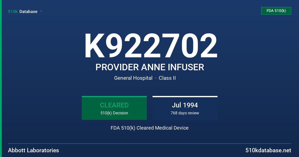 K922702 PROVIDER ANNE INFUSER FDA 510(k) Cleared Medical Device