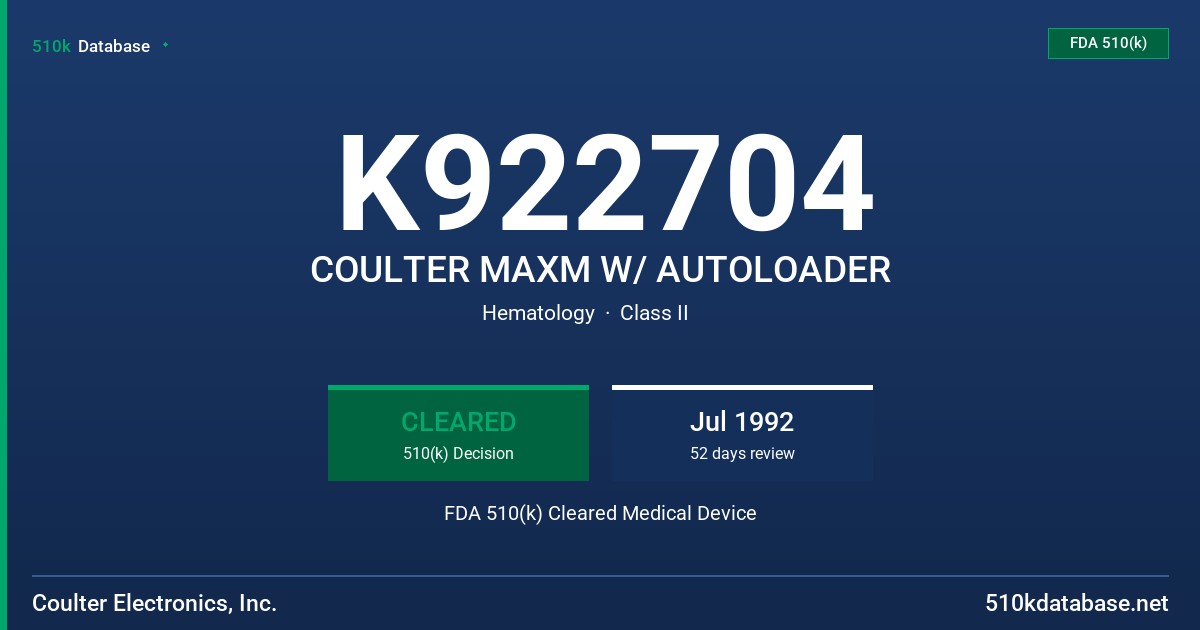 K922704 COULTER MAXM W/ AUTOLOADER FDA 510(k) Cleared Medical Device